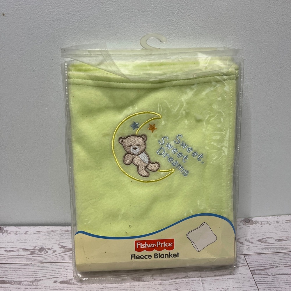 VTG Fisher-Price Fleece Baby Blanket Green Teddy Bear Moon Sweet Dreams 2005